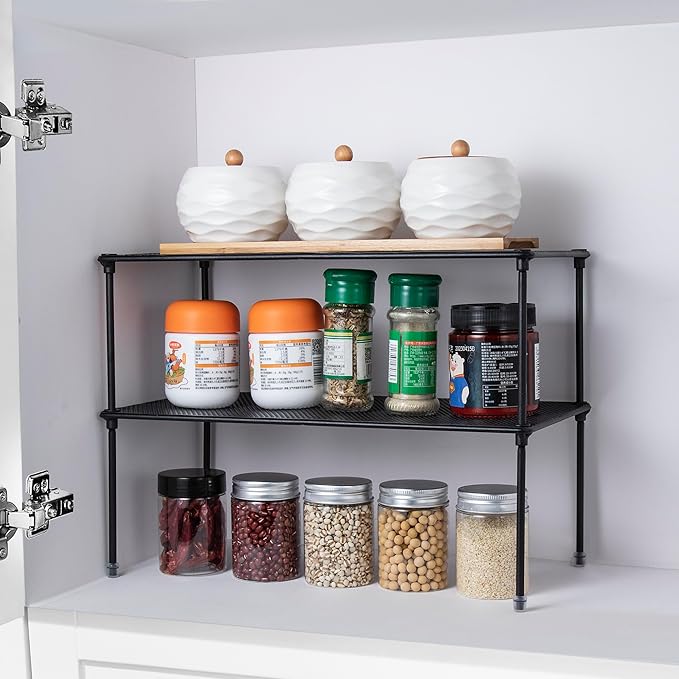 2-Pack Kitchen Cupboard Shelf Organizer for Cabinet, Expandable & Stackable Counter Cupboard Organiser, Storage Rack for Bathroom, Kitchen, Laundry Room-NeatNest