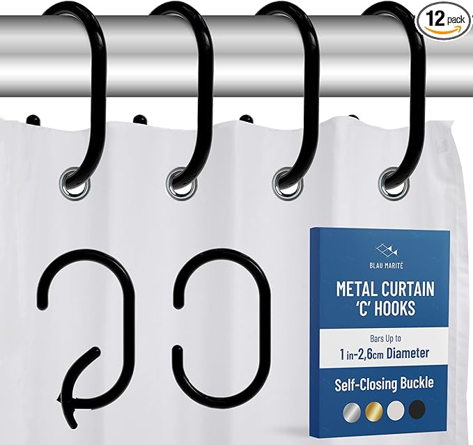 12 Metal Shower Curtain Hooks, Rust-Proof Decorative C-Shaped Curtain Hooks for Bathroom, Black Shower Curtain Rings, Fits Rods Up to 1 Inch (C, Black)-NeatNest