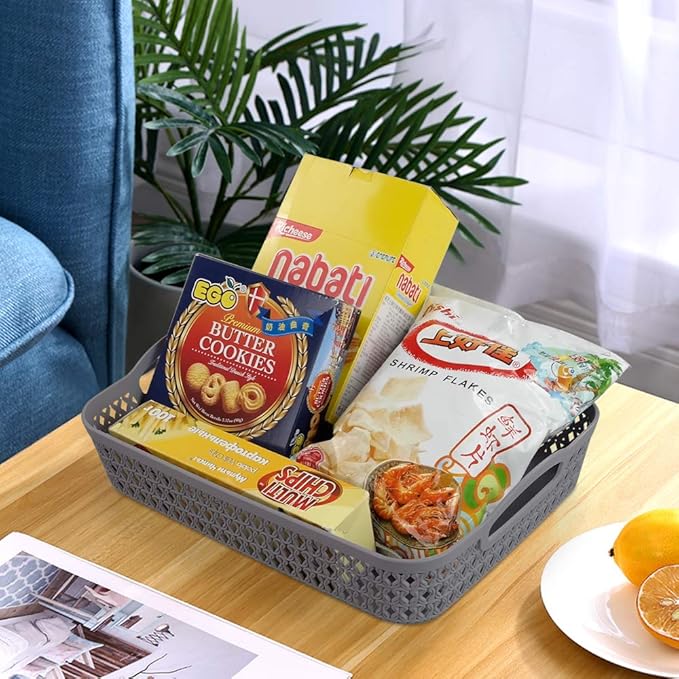 Kekow Plastic Storage Tray Basket with Handle, Set of 6, 13.22" x 10.23" x 2.95", Gray-NeatNest