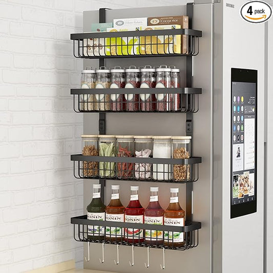 Warome Magnetic Spice Rack for Refrigerator, 4 Pack Shelves with 6 Utility Hooks, Kitchen Organization and Storage Gadgets