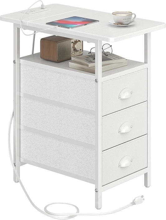 End Table with Charging Station, Side Tables Livingroom with USB Ports and Outlets,Narrow Nightstands Bedside Tables with 3 Drawers PU Finish for Small Space,Slim Sofa Table Bedroom,White