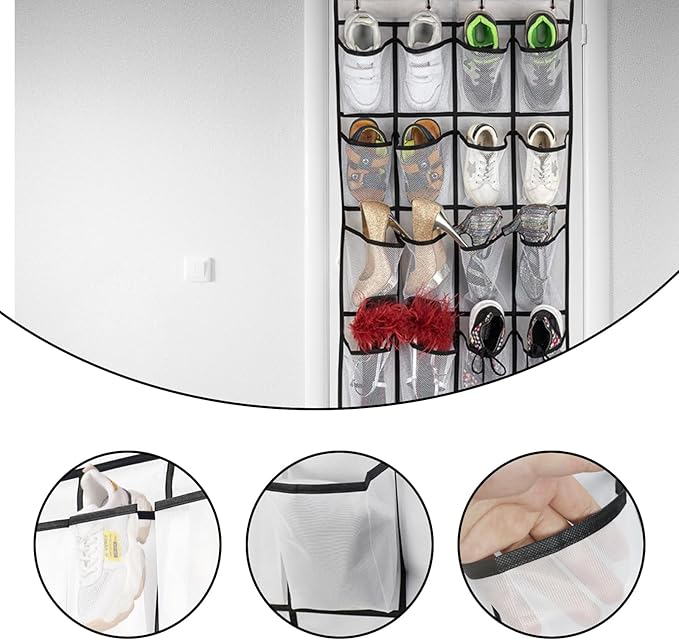 2pcs Black Over the Door Shoe Organizer,each containing 24-Pocket Over Door Shoe Organizer with Mesh Pockets, Over the Door Shoe Holder, Hanging Shoe Rack with total of 8 Metal Hooks-NeatNest