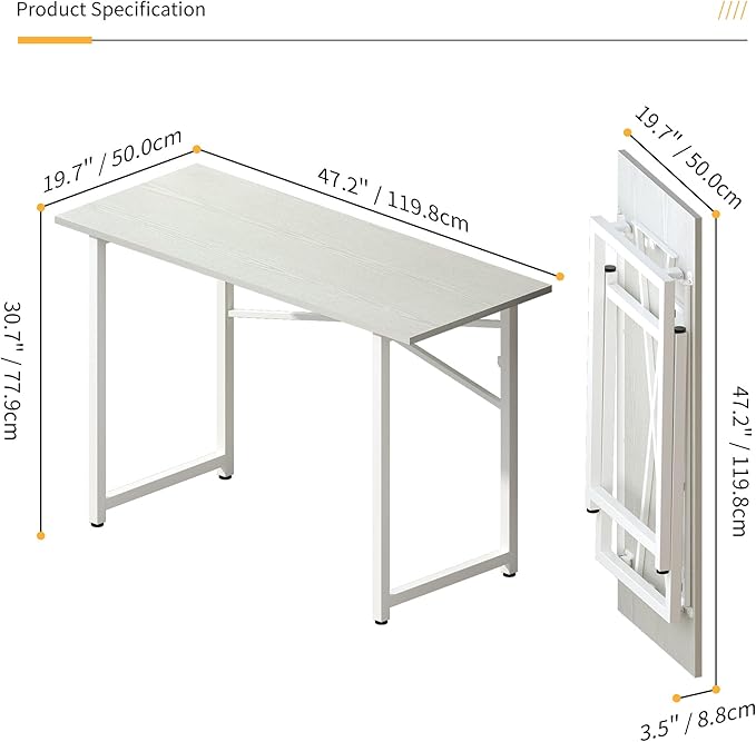 Folding Desk 47 inch No Assembly Required Home Office Table, Writing Gaming Computer Camping Desk, White-NeatNest