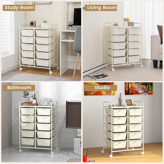 Moccha Rolling Cart with 10 Drawers - Storage Drawers Organizer with wheels for Craft Art Supply Paper Salon, Multipurpose Movable Utility Cart for Teacher Classroom, White
