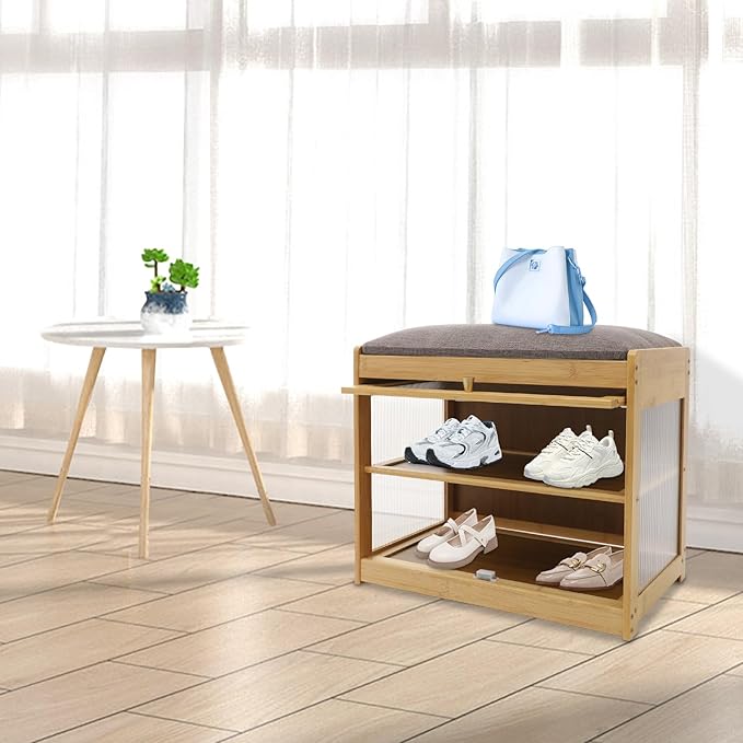 Eapmic Shoe Storage Bench, Entryway Shoe Rack Bench with Padded Seat Cushion, 2-Tier Shoe Cabinet, Bamboo Shoe Organizer for Hallway Bedroom Living Room Front Door (Burlywood, 19.69 * 12.6 * 17.32in)