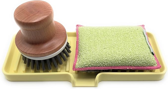 Happitasa Silicone Soap Dish Tray and Sponge Holder with Drain Chute | Bathroom and Kitchen Sink Organizer Caddy (Pale Yellow, 9"x3.5", 5.6 Ounces)-NeatNest