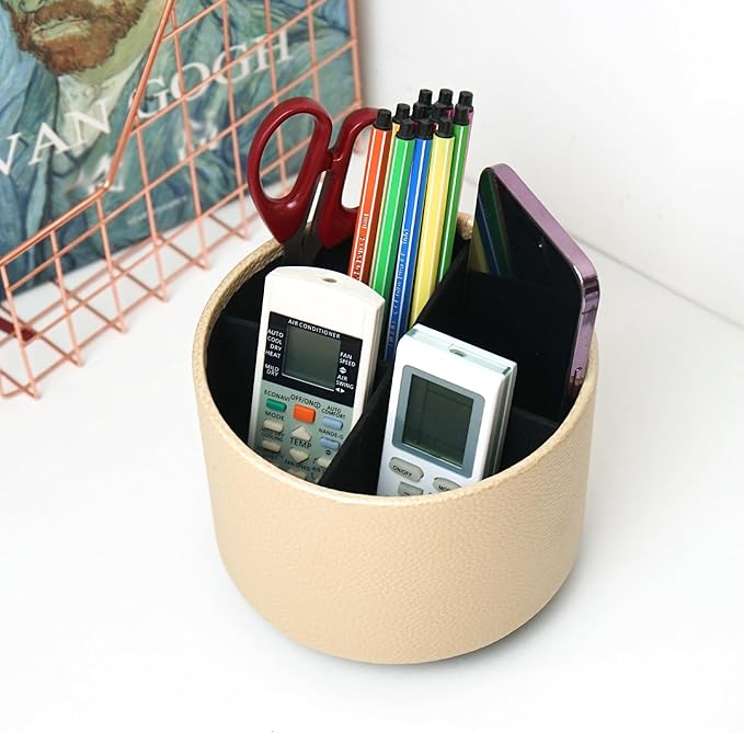 Hennaja Round Leather Art Supply Organizer,Remote Control Holder,360 Degree Spinning,Multi-Functional Pencil Holder,4 Compartments Desktop Stationary Organizer(1-Lichee Gold)-NeatNest