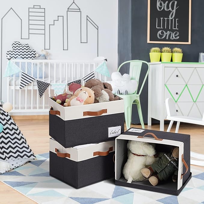 Extra Large Storage Bins with Lids, Foldable Fabric Storage Baskets with Lids, Sturdy Storage Boxes with Labels and 3 PU Handles for Closet Home Bedroom Office (32L, 3 Packs, Black&White)-NeatNest