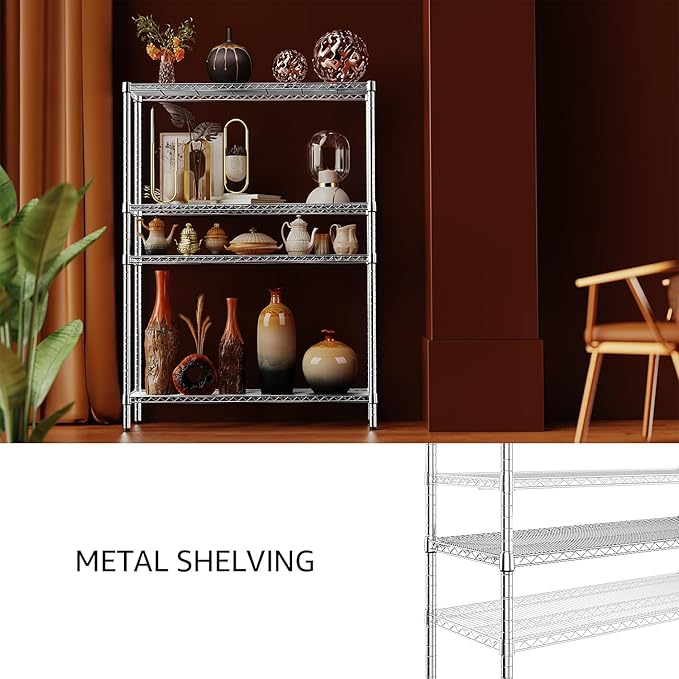 IZEUK 3400 LBS Garage Shelving Wide Storage Shelves 4 Tier Metal Shelves Heavy Duty Adjustable Utility Shelf Rack Chrome 17.7" D x 47.2" W x 70.4" H-NeatNest