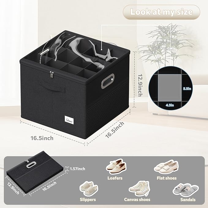 2 Pack Shoe Organizer for Closet Large Shoe Box Storage Containers with Clear Window Space Saving Shoe Bin with Foldable Bottom Support Adjustable Dividers Fits 32 Pairs (Black, (16.5*16.5*13in)*2)-NeatNest