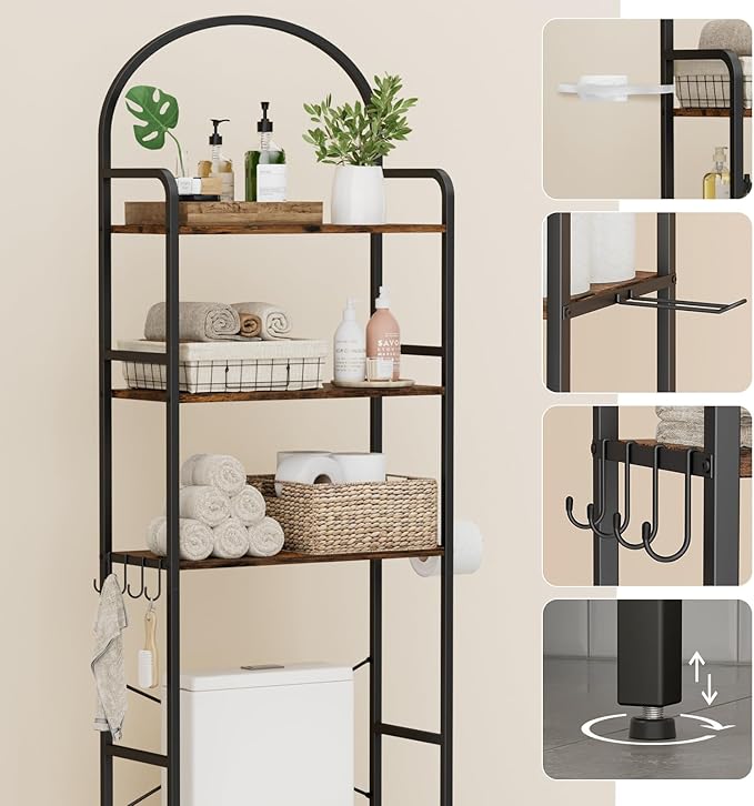 Homhedy 3-Tier Over The Toilet Storage with 4 Hooks and Paper Holder, Space Saving, Bathroom Organizer with Adjustable Feet, Metal Frame and Wooden Shelf,Rustic Brown and Black
