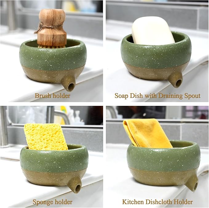 Self Draining Soap Dish and Soap Holder with Drain Spout for Sink, Shower, Bathroom, and Kitchen - Compact Resin Sponge Holder and Organizer, Keep Dry and Easy Cleaning Design, Green