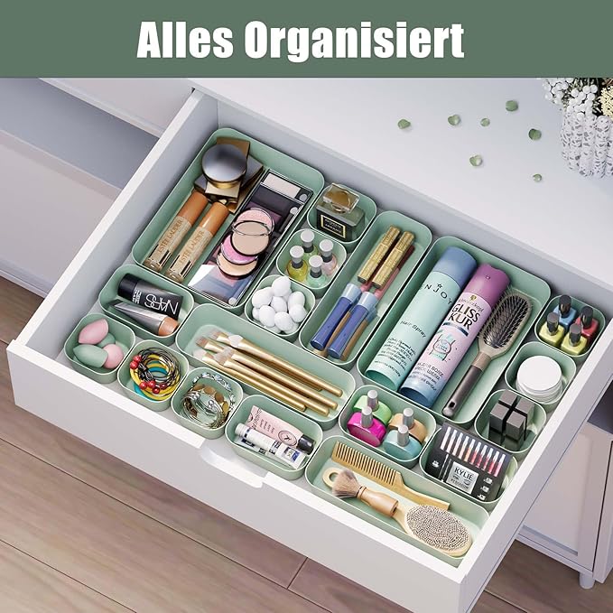 Plastic Drawer Organizers, 18 PCS Drawer Organizer Bins, Bathroom and Vanity Organizer Plastic Tray, Makeup organizer and storage for Makeup, Bedroom, Kitchen Gadgets Utensils and Office (Green)-NeatNest
