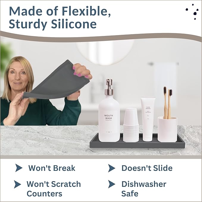 Countertop and Vanity Tray - 11.7" Silicone Bathroom Tray Countertop, Dish Soap Trays for Kitchen Counter, Sink Organizer Caddy Accessories, Toilet Plant Shower Makeup Mat Oil Holder-NeatNest