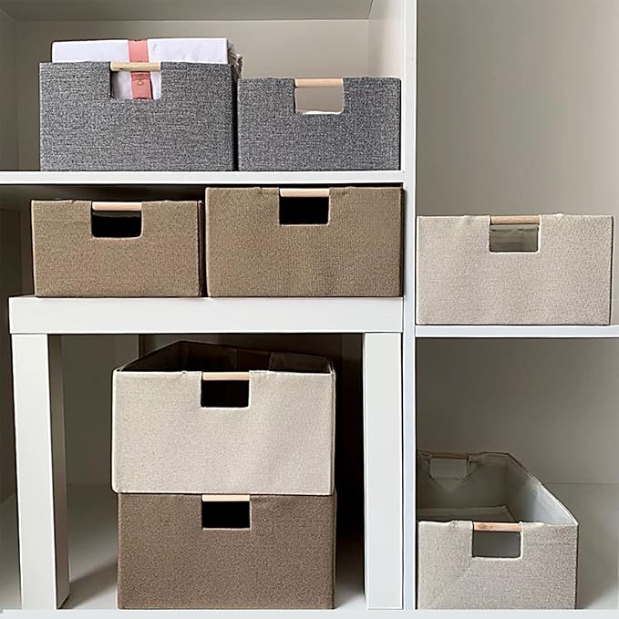ANMINY 4PCS Storage Baskets for Organizing Collapsible Fabric Storage Bins Boxes with Wood Handles Closet Shelves Cube Organizer Bins Clothes Laundry Storage Container - Medium, Beige-NeatNest