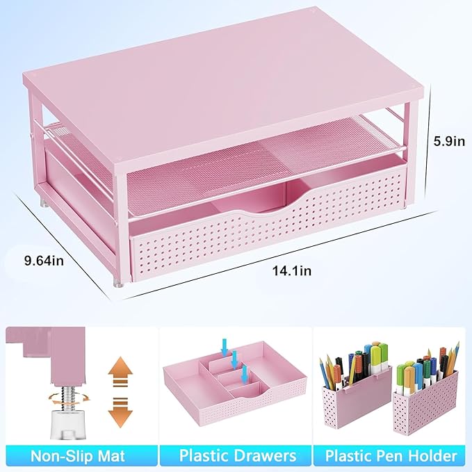 gianotter Wood Monitor Stand Riser, Desk Organizer with Drawer and 2 Pen Holders, 2-Tier Workspace Organizer for Office Supplies(Pink Wood)-NeatNest