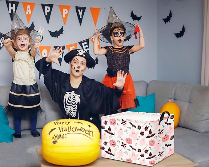 CLOCOR Rectangular Storage Basket Empty, Gift Basket for Halloween, Waterproof Storage Bin with Handles, Room Decor(Pink Bowknot Ghost)-NeatNest