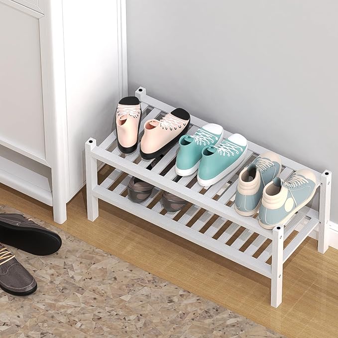 Shoe Rack 2-Tier Organizer-Stackable Storage Shelf with Multi-Function Combinations-Free Standing Bamboo Shoe Racks for Closet,Entryway,Hallway,Bathroom,Living Room Shoe Organization (White, 2-Tier)-NeatNest