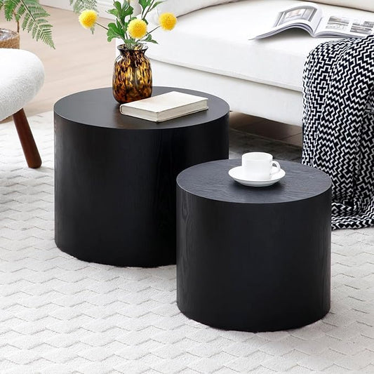KEVINSPACE Coffee Table Nesting Tables Set of 2, Small Modern Round Coffee Table with Non-Slip Feet, Wooden Circle Accent Tables for Small Spaces Living Room Bedroom Balcony Drum Side Table Black