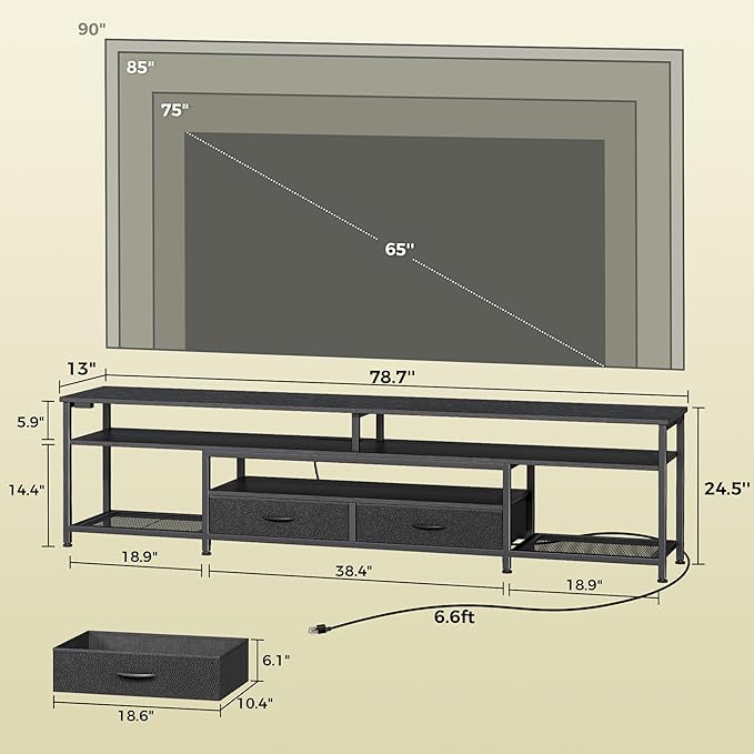 Huuger 79 Inch TV Stand for 85, 90 Inch TV, Entertainment Center with LED Lights and Power Outlets, TV Console with Drawers, Shelves, Type C, PU Leather Surface, for Living Room, Black-NeatNest