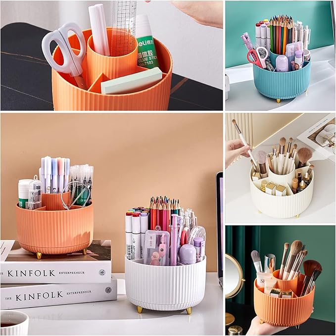 DASITON Large Capacity Makeup Brush Holder,360° Rotating Makeup Organizer,5 Slot Makeup Brushes Cup,for Vanity Decor,Bathroom Countertops,Desk Storage Container,Cosmetic Display cases(Cream)-NeatNest