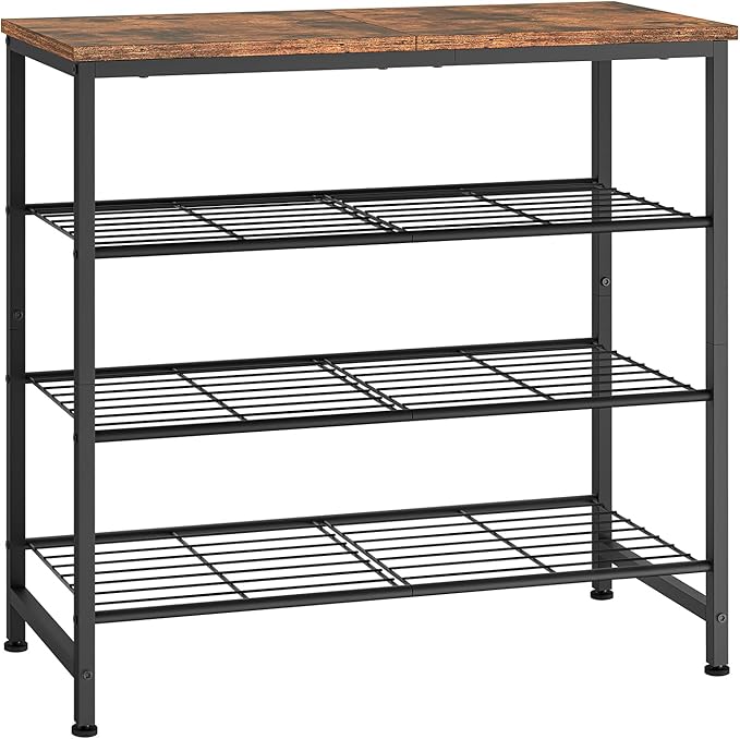 usikey 4-Tier Shoe Rack, Industrial Shoe Storage Organizer for 9-12 Pairs of Shoes, Metal Shoe Shelf with Wooden Top, Shoe Stand with 3 Metal Shelves for Entryway, Hallway, Closet, Rustic Brown-NeatNest