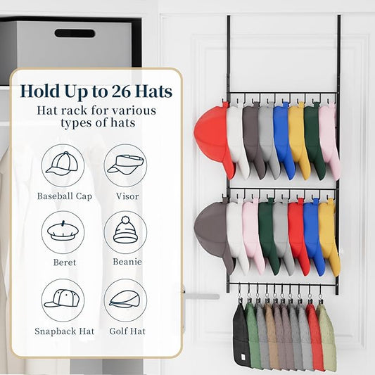 Consumest Over Door Hat Organizer - 3 Tier Wall Mounted Hat Rack with 16 Hooks and 10 Movable Clips, Hanging Baseball Cap Storage Holds up to 26 Caps for Door, Bedroom, Closet USPTO Patent Pending-NeatNest