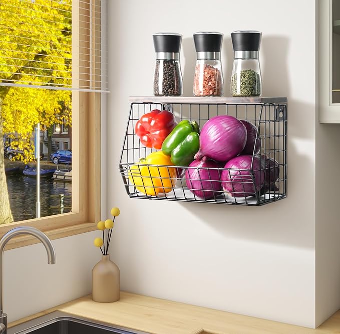 Fruit Bowl for Kitchen Counter Stackable Wall Mounted Hanging Basket Wire Basket with Wood Lid with Banana Hanger Hooks, Onion,Potato,Fruit and Vegetable Storage