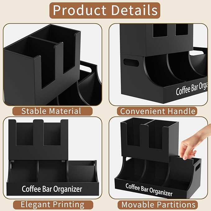 Coffee Station Organizer, Wooden Coffee Bar Organizer for Countertop, Condiment and Cup Storage Organizer, Bar Accessories for Kitchen, Office, Home, Small Black-NeatNest