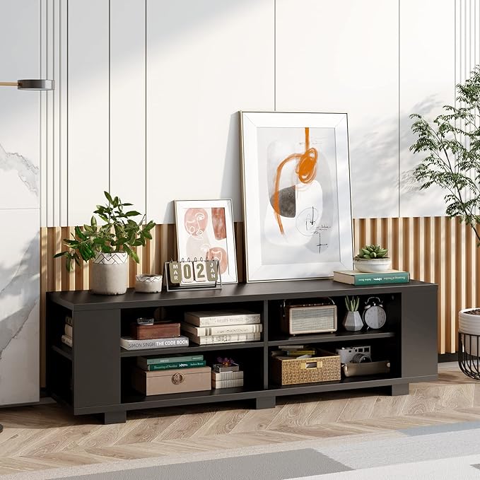 Giantex Modern TV Stand for TVs up to 65 Inch, Wood Entertainment Center w/ 8 Open Storage & Adjustable Shelves, Television Stands w/ 4 Cable Holes, TV Console Table for Living Room, Bedroom (Black)-NeatNest