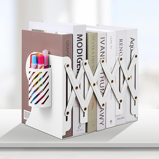 Honagu Adjustable Bookends, Metal Book Ends for Shelves Heavy Book, Desk Magazine File Organizer for Home, Office, Books, Papers, Extends up to 19 inches with Pen Holder (White)