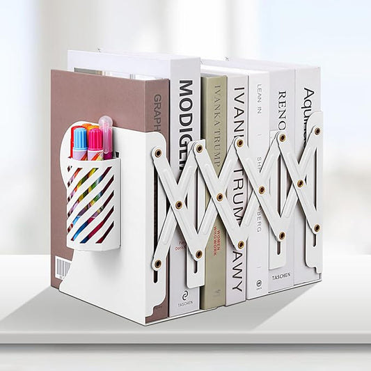 Honagu Adjustable Bookends, Metal Book Ends for Shelves Heavy Book, Desk Magazine File Organizer for Home, Office, Books, Papers, Extends up to 19 inches with Pen Holder (White)