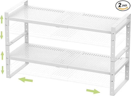 Expandable Stackable Aadjustable Shoe Rack Pantry Shelf for Kitchen Cabinets Counter Shelves Countertop Cupboard Storage Solution,Sturdy Heavy-Duty Metal Construction(2Packs/White/Medium)-NeatNest