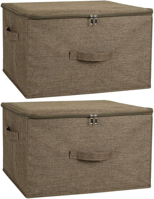 ANMINY 2PCS Storage Bins with Zipper Lids 51.9 Qt Lidded Fabric Storage Boxes Baskets Cubes with Handles Collapsible Washable Cotton Linen Closet Shelf Clothes Organizer - Coffee, Extra Large-NeatNest