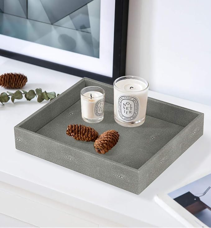 HofferRuffer Decorative Desktop Organizer Tray, Bathroom Vanity Tray, Storage Jewelry Perfume Dresser Tray, Catchall Tray for Change Coin Key, 10.2 x 8.4 x 1.8 inches (Dark Grey Faux Leather Shagreen)-NeatNest