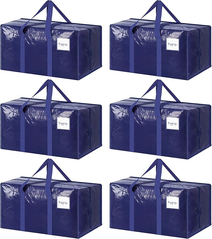 6 Pack Extra Heavy Duty Large Moving Bags with Strong Zipper & Comfortable Handles, Sturdy & Durable Clothes Storage Bags Totes Bins, Blue Packing Moving Boxes for College Supplies, Dark Blue-NeatNest
