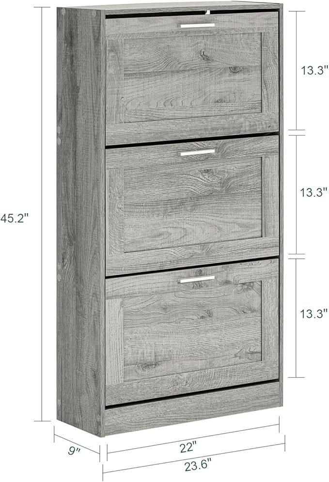 Haotian Shoe Storage Cabinet Entryway, Freestanding Shoe Cabinet with 3 Flip-Drawers Fully Enclosed Tall Shoe Rack Shoe Organizer, Grey, FSR137-L-HG-NeatNest