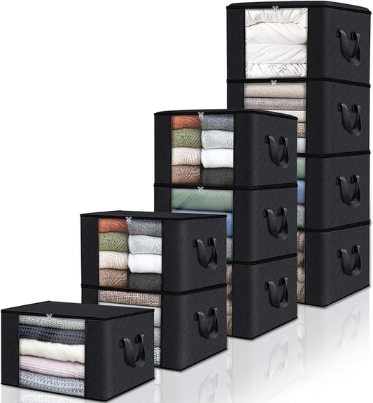 Fab totes 10 Pack Clothes Storage, Foldable Thick Fabric Blanket Storage Bags, Containers for Organizing Bedroom, Closet, Clothing, Comforter,Closet Organization with Handle,Black-NeatNest