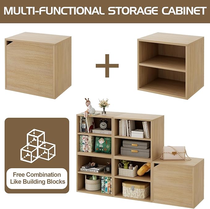 Garden 4 You Cube Storage Organizer Shelf, 2 Tiers Stackable Bookshelf With Door, Wooden Display Bookcase, Small Cabinet for Living Room Bedroom, Natural-NeatNest
