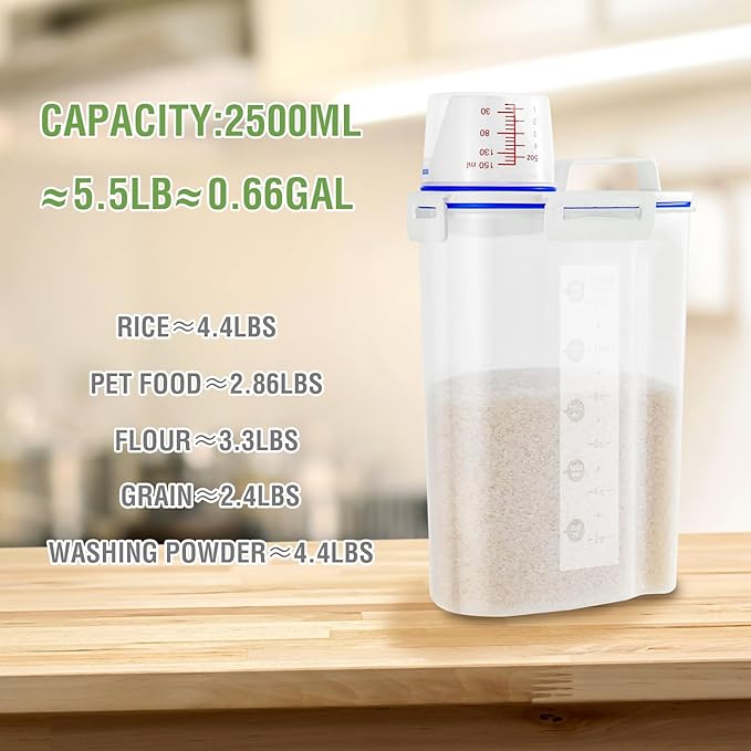 2 Pcs 5.5Lbs Rice Dispenser Storage Containers, Rice Container with Measuring Cup & Pour Spout, Kitchen Plastic Airtight Container for Cereal, Grain, Flour, Sugar, Oatmeal, Dry Pet Dog Food-NeatNest