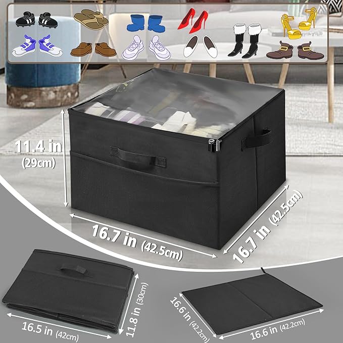 16 Pairs Shoe Organizer Storage for Closet, Foldable Shoe Dividers for Storage Bins with w/Adjustable Dividers Clear Shoe Box Containers, Black-NeatNest