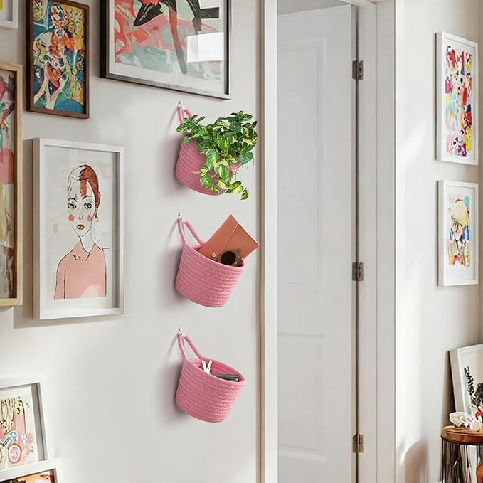 Fabric Wall Hanging Baskets - 3Pack Woven Pouchs Boho Style Wall Mounted Bag with Adhesive Hooks, Storage Organizers and Decoration Pocket Caddy Bins on Door Rack (Bright Pink & White, Large)