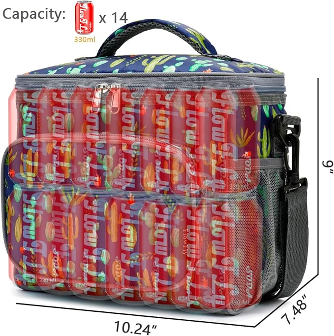 FlowFly Insulated Reusable Lunch Bag Adult Large Lunch Box for Women and Men with Adjustable Shoulder Strap,Front Zipper Pocket and Dual Large Mesh Side Pockets,Cactus-NeatNest