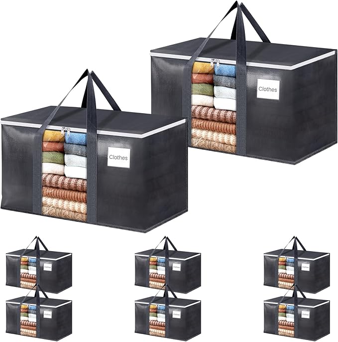 HomeHacks 8 Pack Extra Large Moving Bags with Visual PVC Window & Zippers, Storage Totes with Reinforced Handles, Heavy Duty Storage Bags for Packing, Moving, Storage (76L,Grey)
