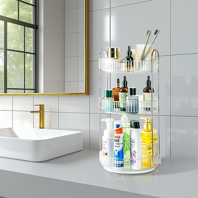 360 Rotating Makeup Organizer for Vanity, Large Capacity Spinning Perfume Organizer, Bathroom Organizer, Cosmetic Skincare Holder Organizer for Countertop (Silver Clear, 3 Tier)-NeatNest