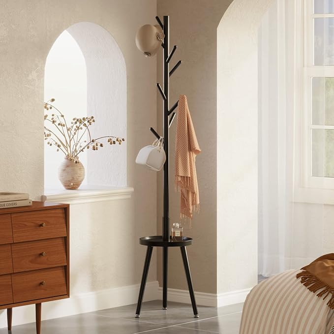GREENSTELL Coat Rack with 8 Hooks, Wooden Coat Rack Freestanding with Shelf, Coat Tree with 4 Height Options 50.5"-72.6", Coat Hanger Stand for Bags, Clothes, Umbrellas, Hats, in Home, Black-NeatNest