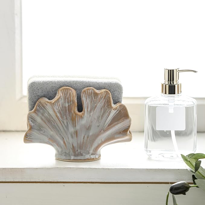 Ceramic Sponge Holder,Sponge Holder for Kitchen Sink,Compact Sink Caddy Organizer-Scouring Pad and Dish Holder,Farmhouse Kitchen Decor Cute Gadgets Accessories(Brown Grey)-NeatNest