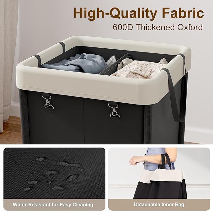 WOWLIVE 160L Rolling Laundry Hamper with Wheels, Heavy Duty Laundry Basket, Large Laundry Cart with Steel Frame and Removable Bag, Dirty Clothes Hamper for Home, Closet, Dorm, Bathroom, Black