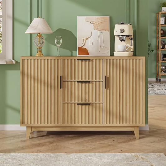 47.2" W Storage Cabinet with 3 Drawers, Fluted Buffet Cabinets with Storage, Large Sideboard with 2 Door, Modern Mid Century TV Stand Coffee Bar Furniture for Living Room, Kitchen, Entryway