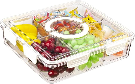 Divided Serving Tray with Lid & Handle, 6 Compartment Removable Snack Box, Kitchen Organizers and Storage, Snackle Box Container, BPA-Free Fruit Storage Container for Berry, Snack, Candy, Nuts…